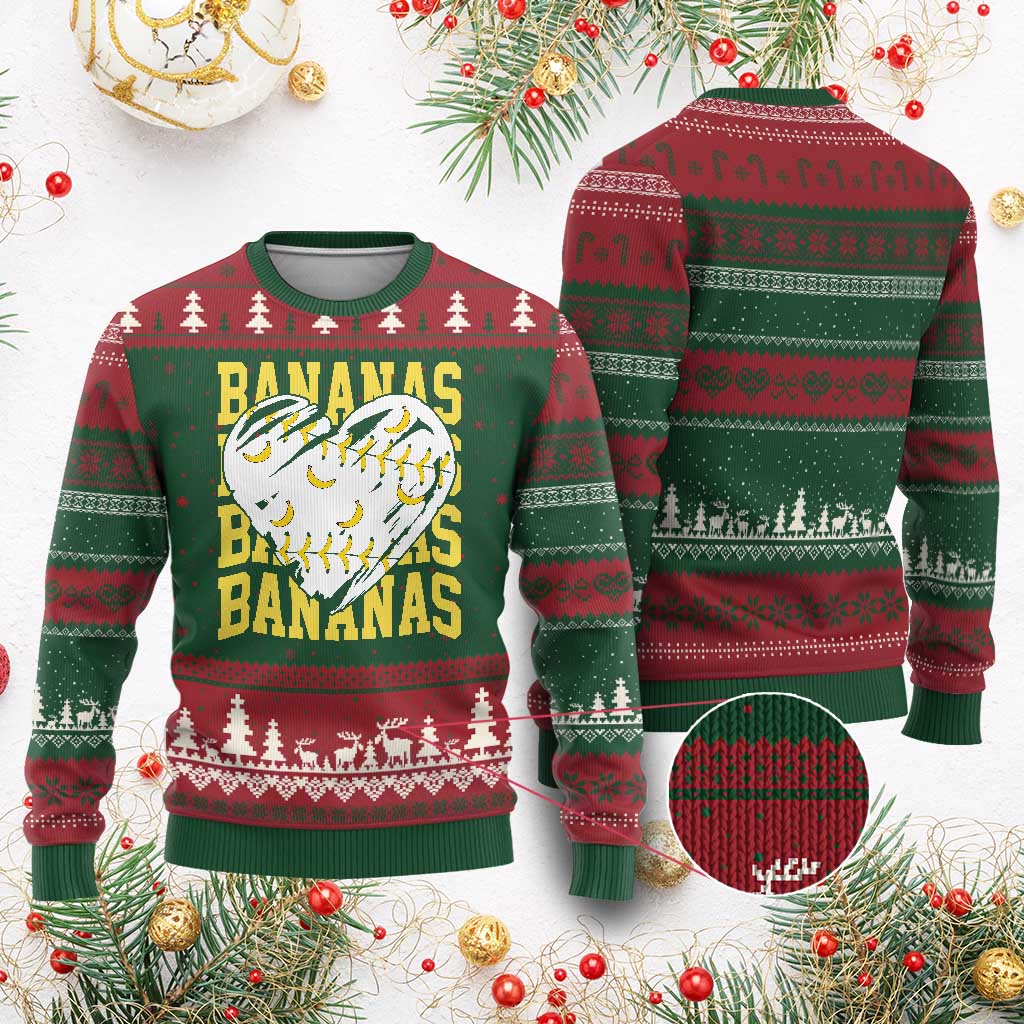 Retro Bananas Ugly Christmas Sweater Vintage Baseball Heart Graphic Game Day Gifts