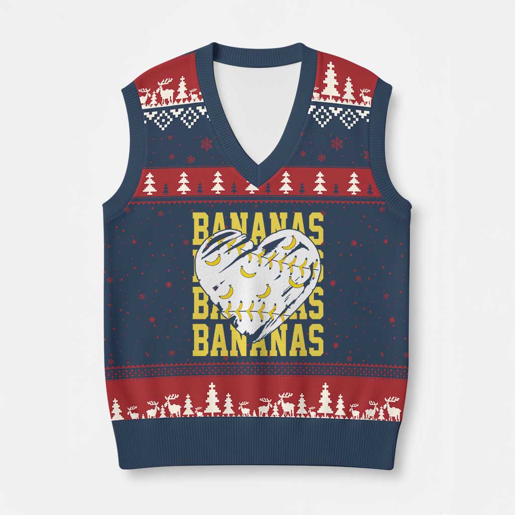 Retro Bananas V-Neck Knit Sweater Vest Vintage Baseball Heart Graphic Game Day Gifts