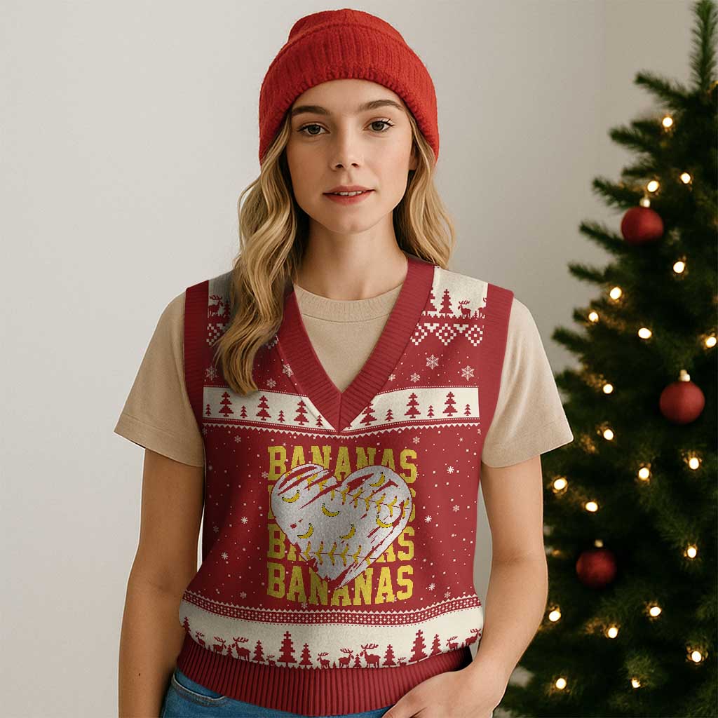 Retro Bananas V-Neck Knit Sweater Vest Vintage Baseball Heart Graphic Game Day Gifts