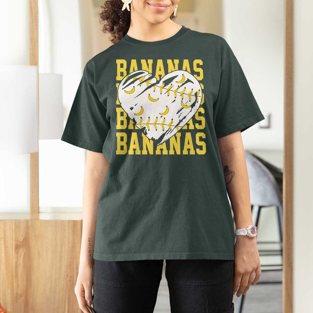 Retro Bananas T Shirt For Women Vintage Baseball Heart Graphic Game Day Gifts
