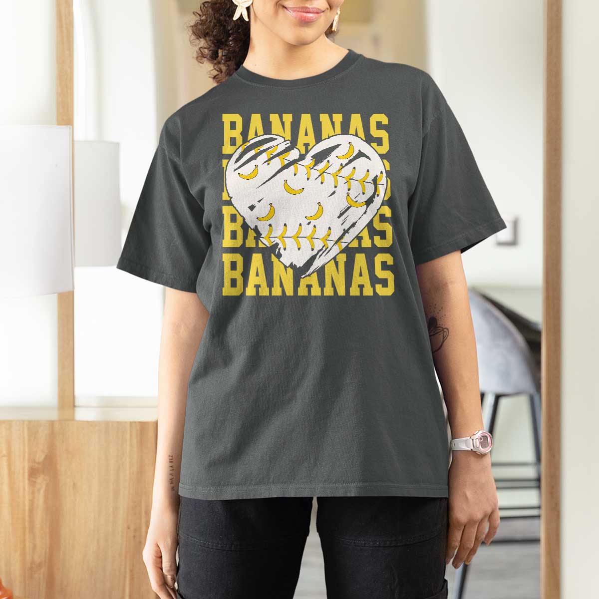 Retro Bananas T Shirt For Women Vintage Baseball Heart Graphic Game Day Gifts