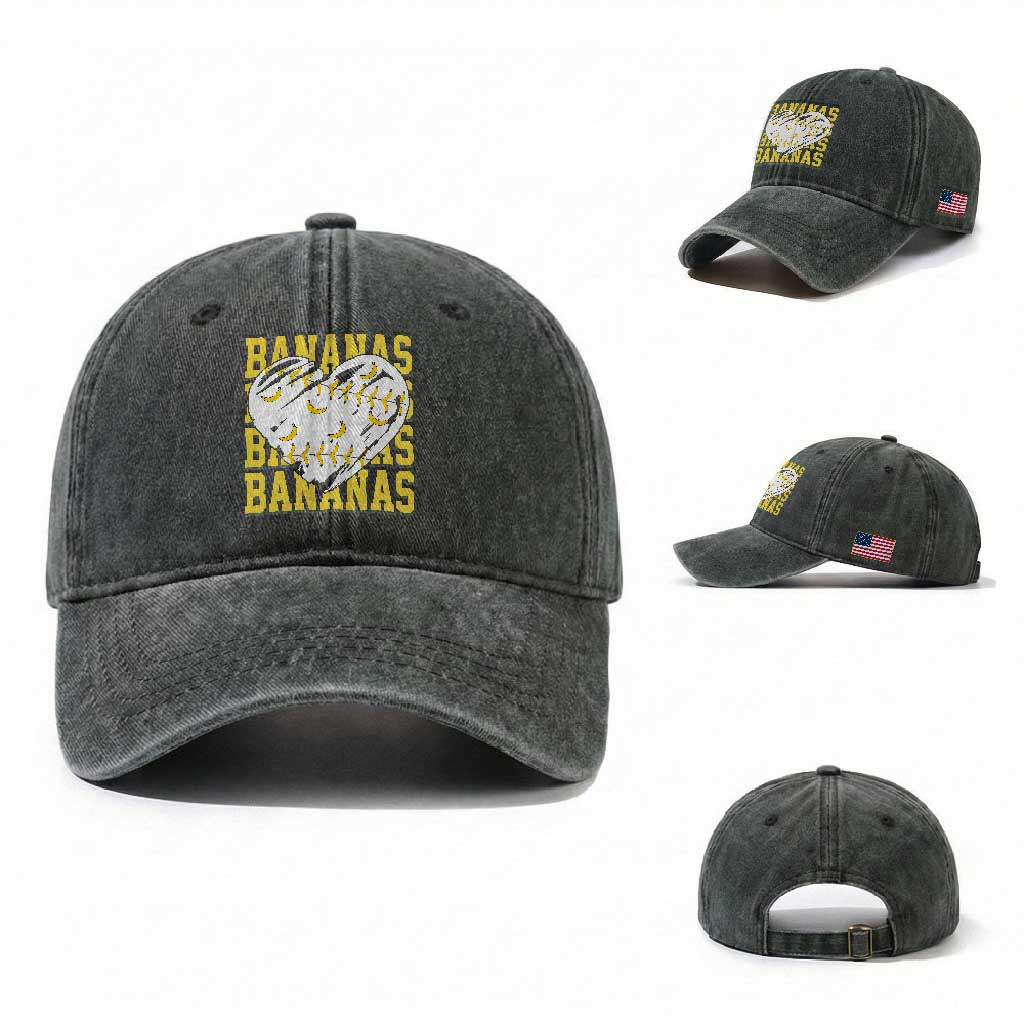 Retro Bananas Washed Cotton Baseball Cap Vintage Baseball Heart Graphic Game Day Gifts