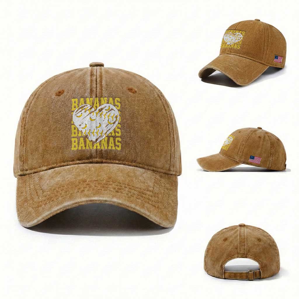 Retro Bananas Washed Cotton Baseball Cap Vintage Baseball Heart Graphic Game Day Gifts
