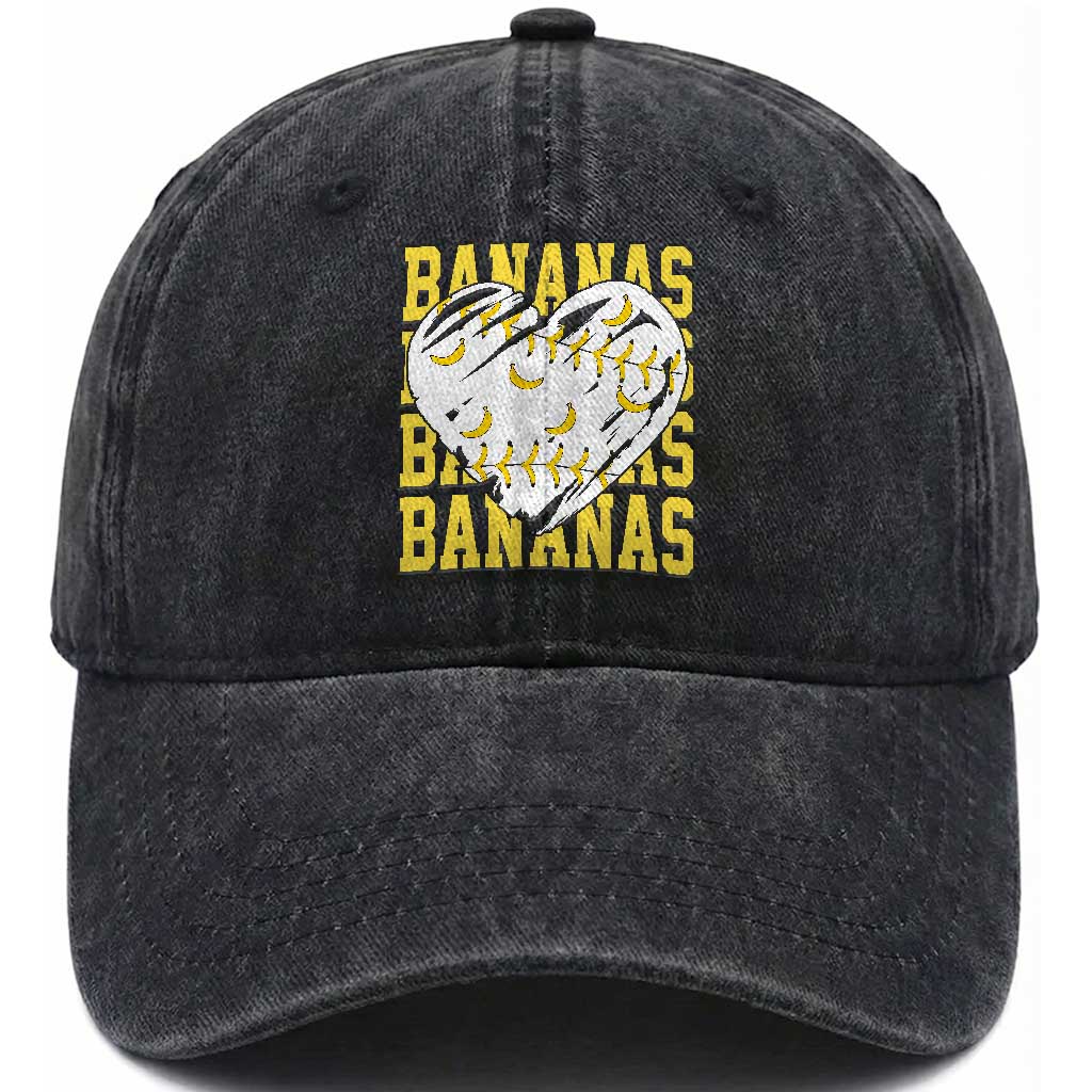 Retro Bananas Washed Cotton Baseball Cap Vintage Baseball Heart Graphic Game Day Gifts