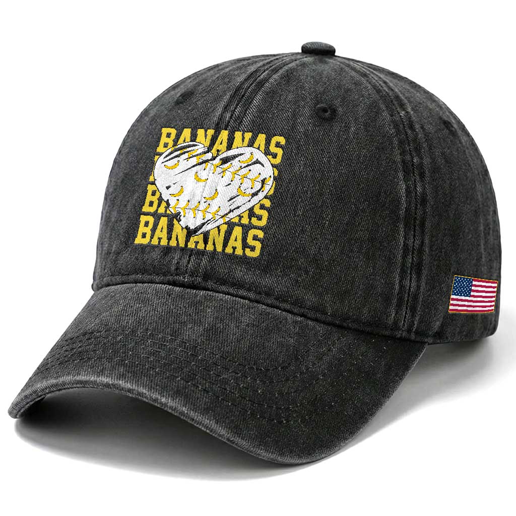 Retro Bananas Washed Cotton Baseball Cap Vintage Baseball Heart Graphic Game Day Gifts