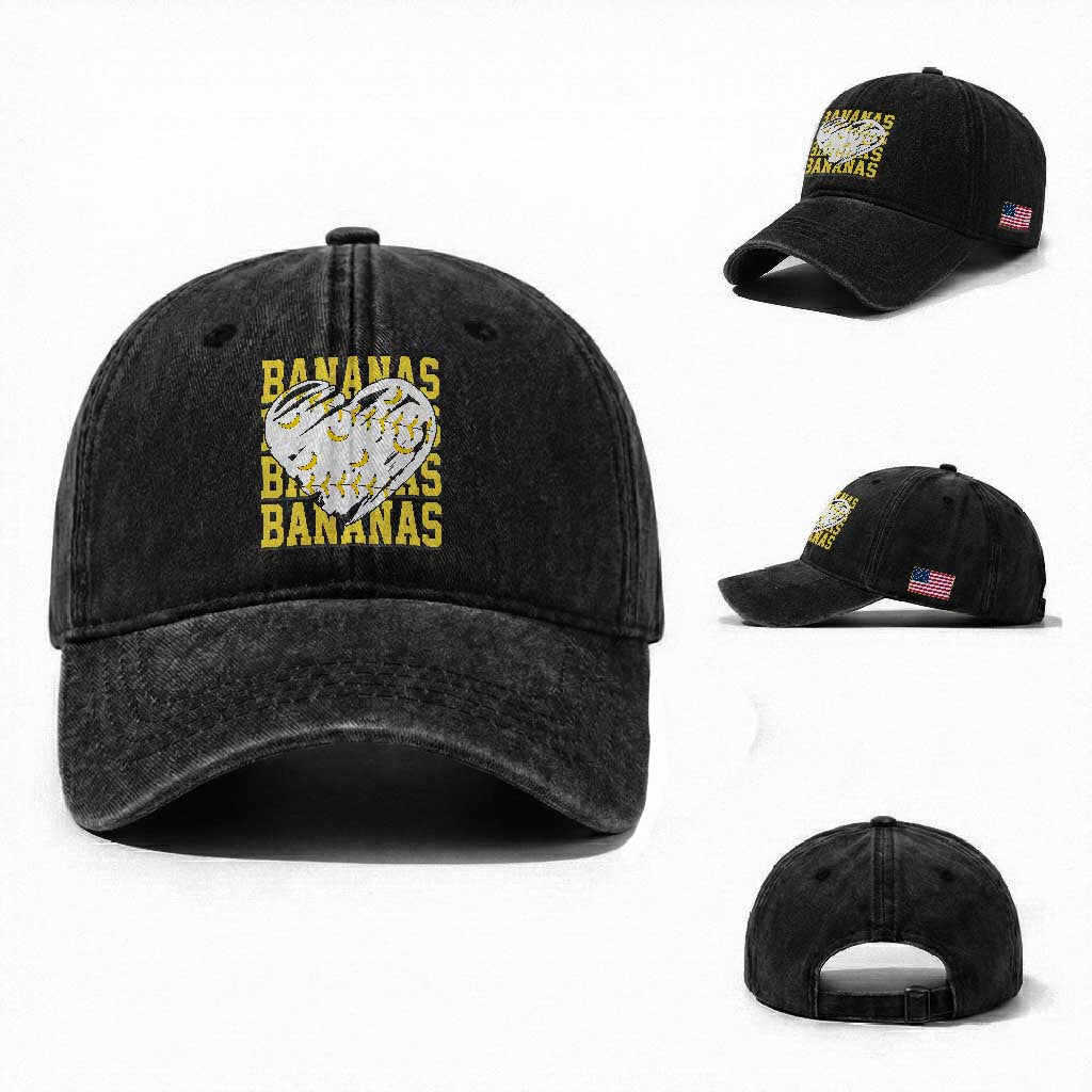 Retro Bananas Washed Cotton Baseball Cap Vintage Baseball Heart Graphic Game Day Gifts