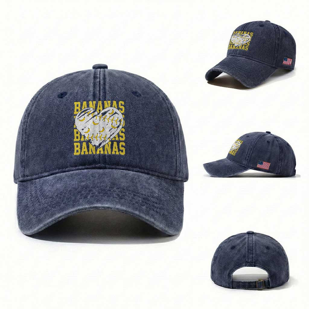 Retro Bananas Washed Cotton Baseball Cap Vintage Baseball Heart Graphic Game Day Gifts