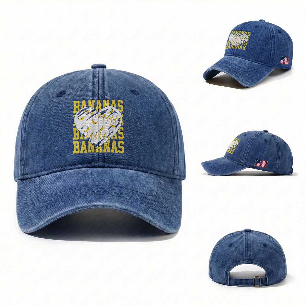 Retro Bananas Washed Cotton Baseball Cap Vintage Baseball Heart Graphic Game Day Gifts
