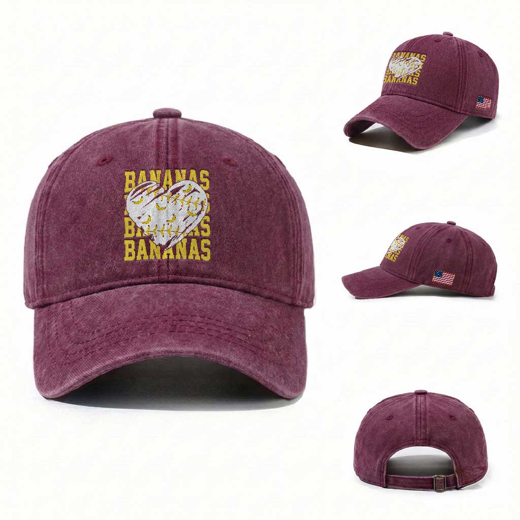 Retro Bananas Washed Cotton Baseball Cap Vintage Baseball Heart Graphic Game Day Gifts