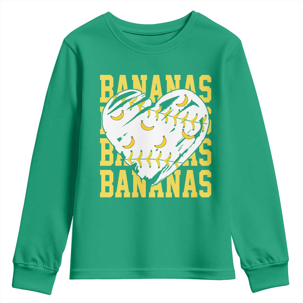 Retro Bananas Youth Sweatshirt Vintage Baseball Heart Graphic Game Day Gifts