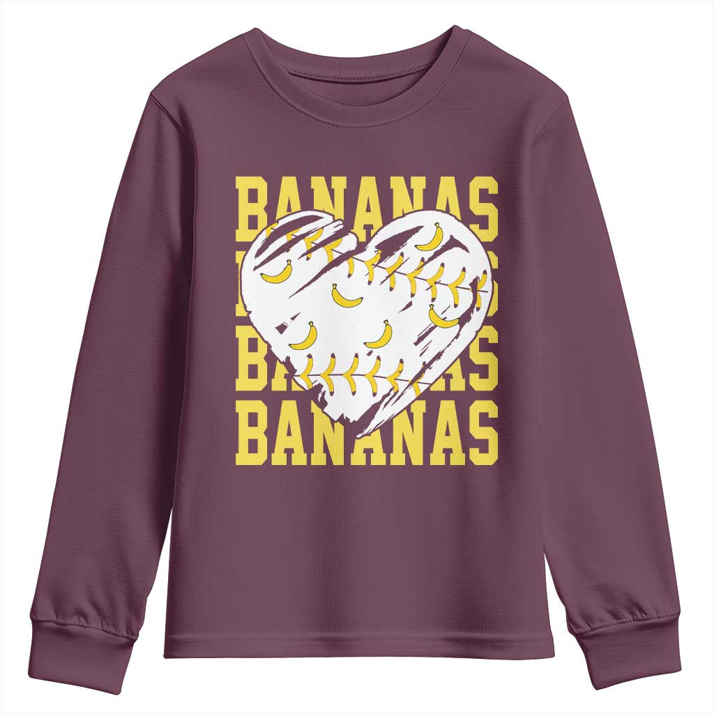 Retro Bananas Youth Sweatshirt Vintage Baseball Heart Graphic Game Day Gifts