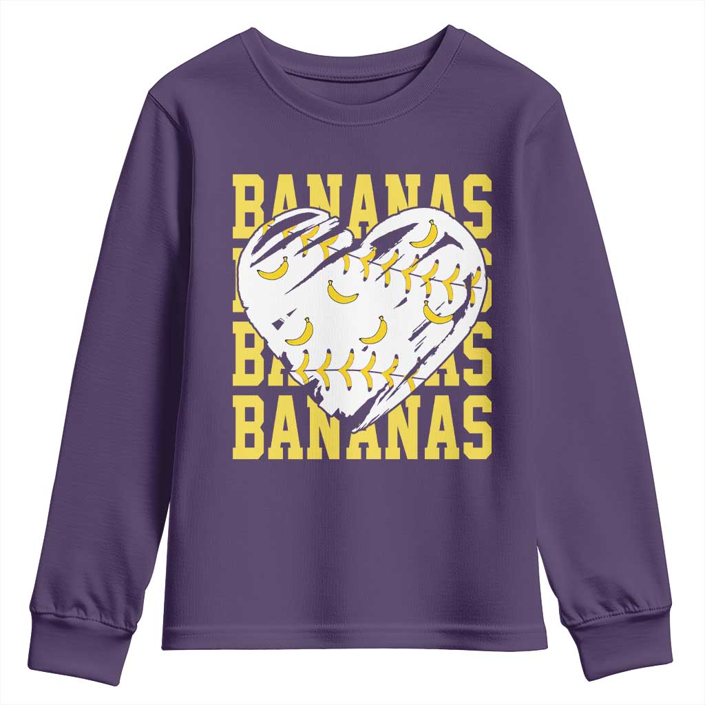 Retro Bananas Youth Sweatshirt Vintage Baseball Heart Graphic Game Day Gifts