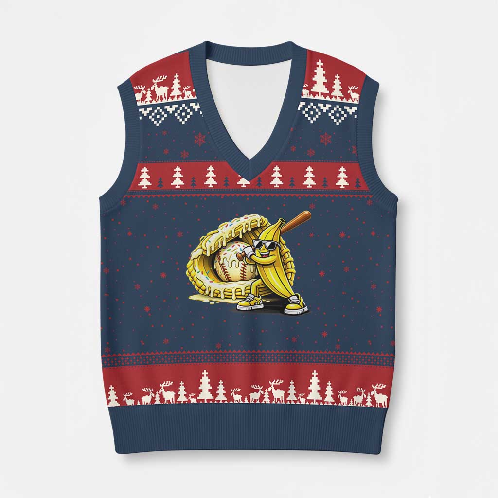 Baseball Banana V-Neck Knit Sweater Vest Funny Baseball Glove Drip Kids Youth Boys Girls