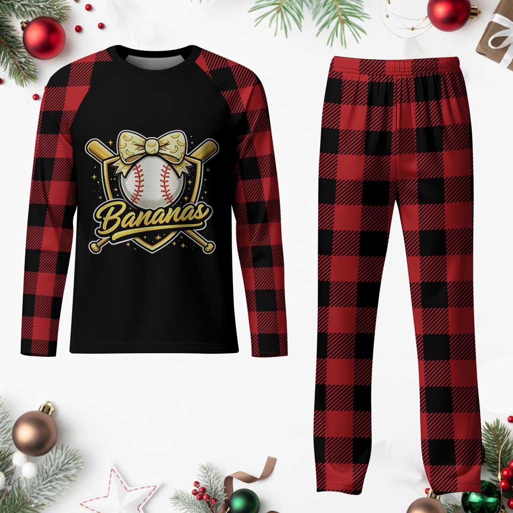 Bananas Coquette Bow Plaid Pajama Set Baseball Bats Banana Lovers Women Girls Kids