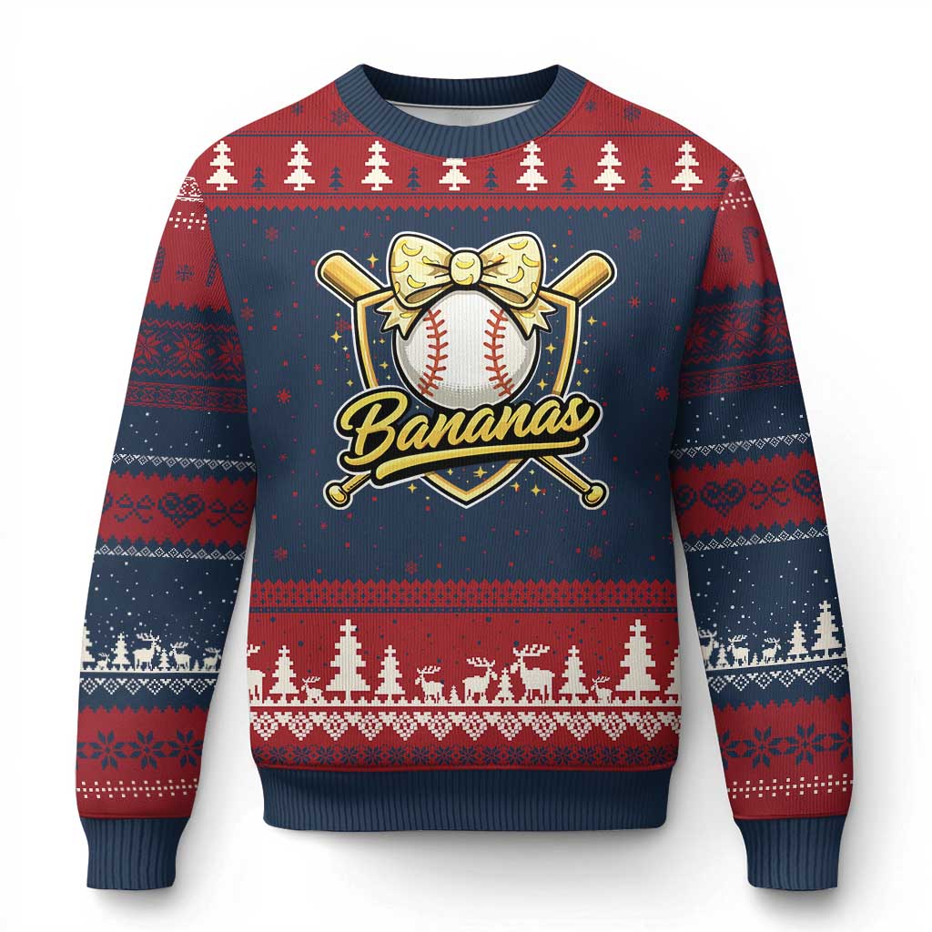 Bananas Coquette Bow Ugly Christmas Sweater Baseball Bats Banana Lovers Women Girls Kids