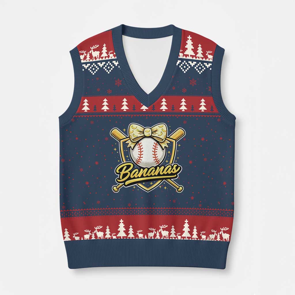 Bananas Coquette Bow V-Neck Knit Sweater Vest Baseball Bats Banana Lovers Women Girls Kids