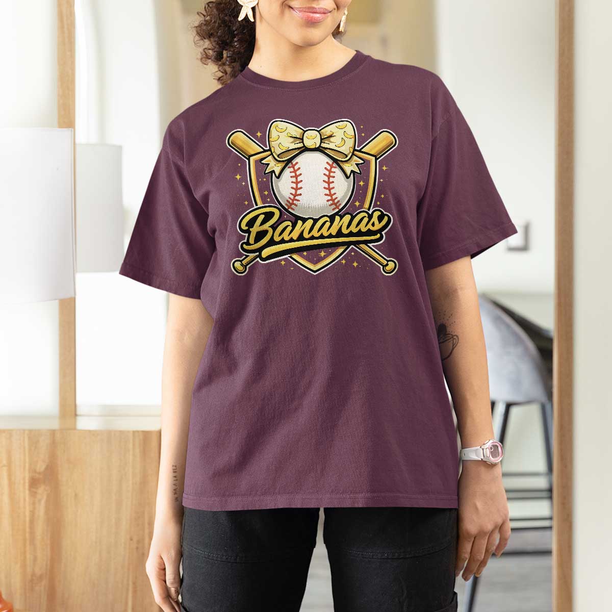Bananas Coquette Bow T Shirt For Women Baseball Bats Banana Lovers Women Girls Kids