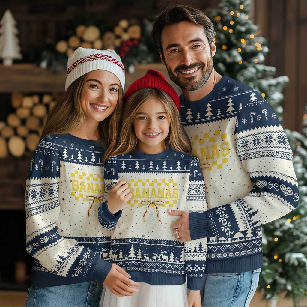 Bananas Coquette Bow Checkered Ugly Christmas Sweater Women Girls Kids