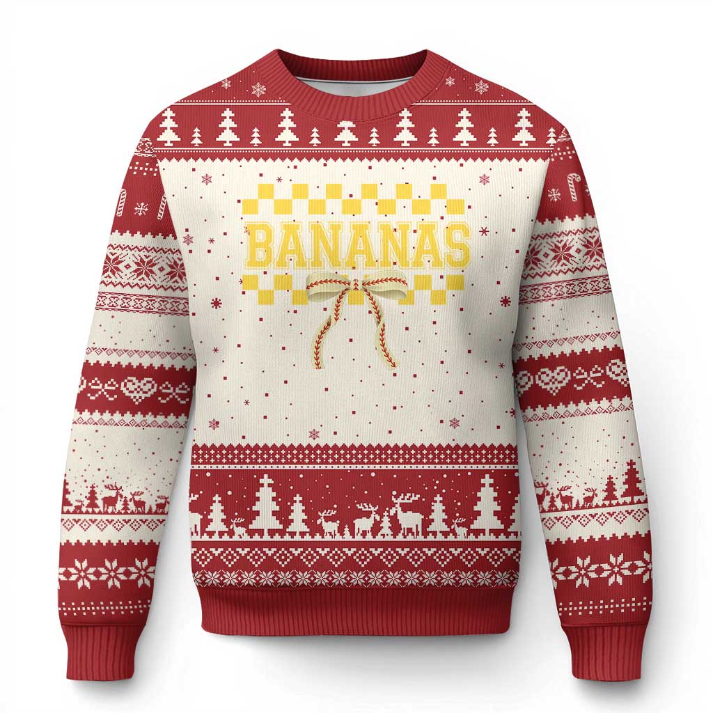 Bananas Coquette Bow Checkered Ugly Christmas Sweater Women Girls Kids