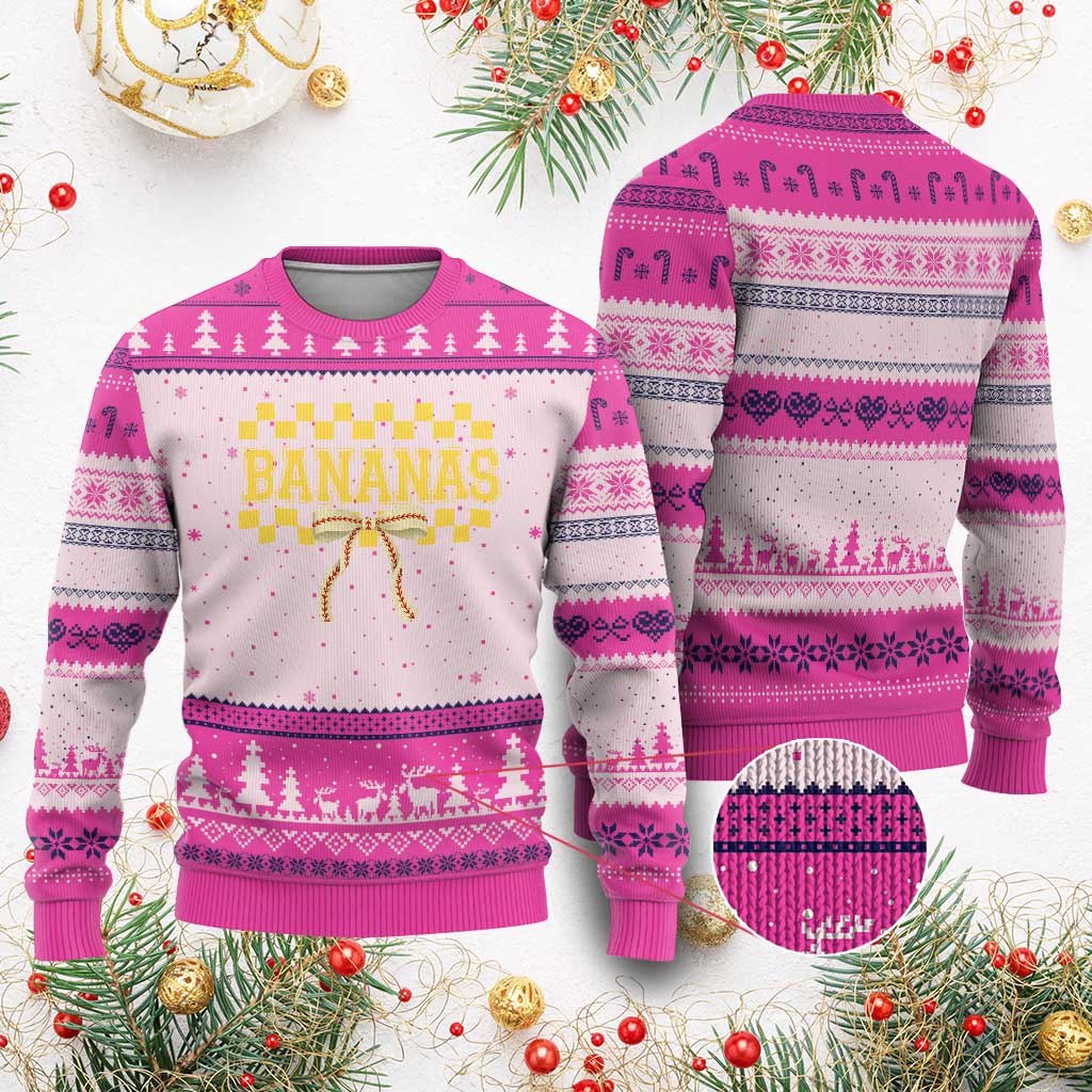 Bananas Coquette Bow Checkered Ugly Christmas Sweater Women Girls Kids