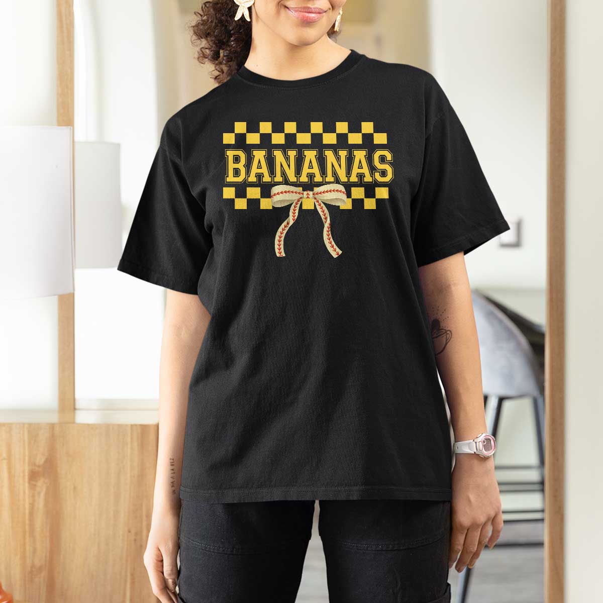 Bananas Coquette Bow Checkered T Shirt For Women Women Girls Kids