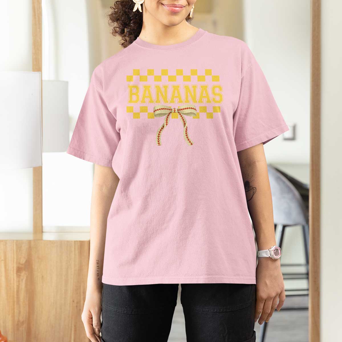 Bananas Coquette Bow Checkered T Shirt For Women Women Girls Kids