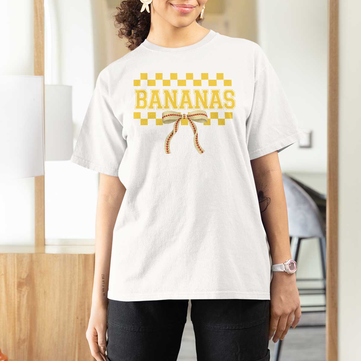 Bananas Coquette Bow Checkered T Shirt For Women Women Girls Kids