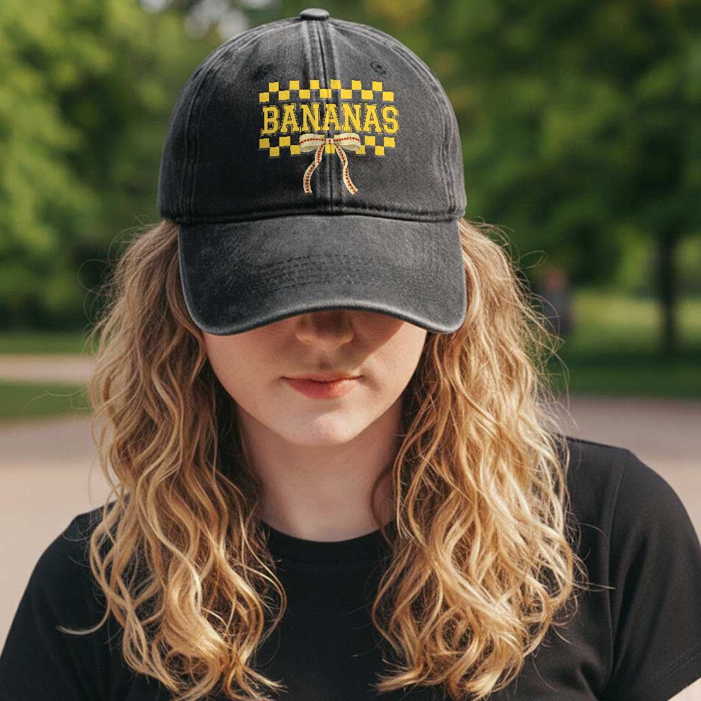 Bananas Coquette Bow Checkered Washed Cotton Baseball Cap Women Girls Kids