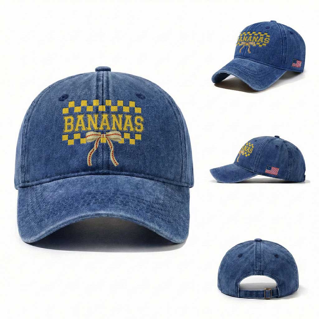 Bananas Coquette Bow Checkered Washed Cotton Baseball Cap Women Girls Kids