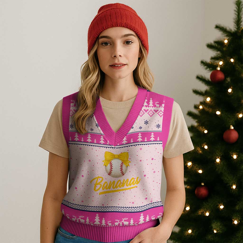 Bananas Coquette Bow V-Neck Knit Sweater Vest Banana Retro Popular Fruit Humor Cute Girls Kids