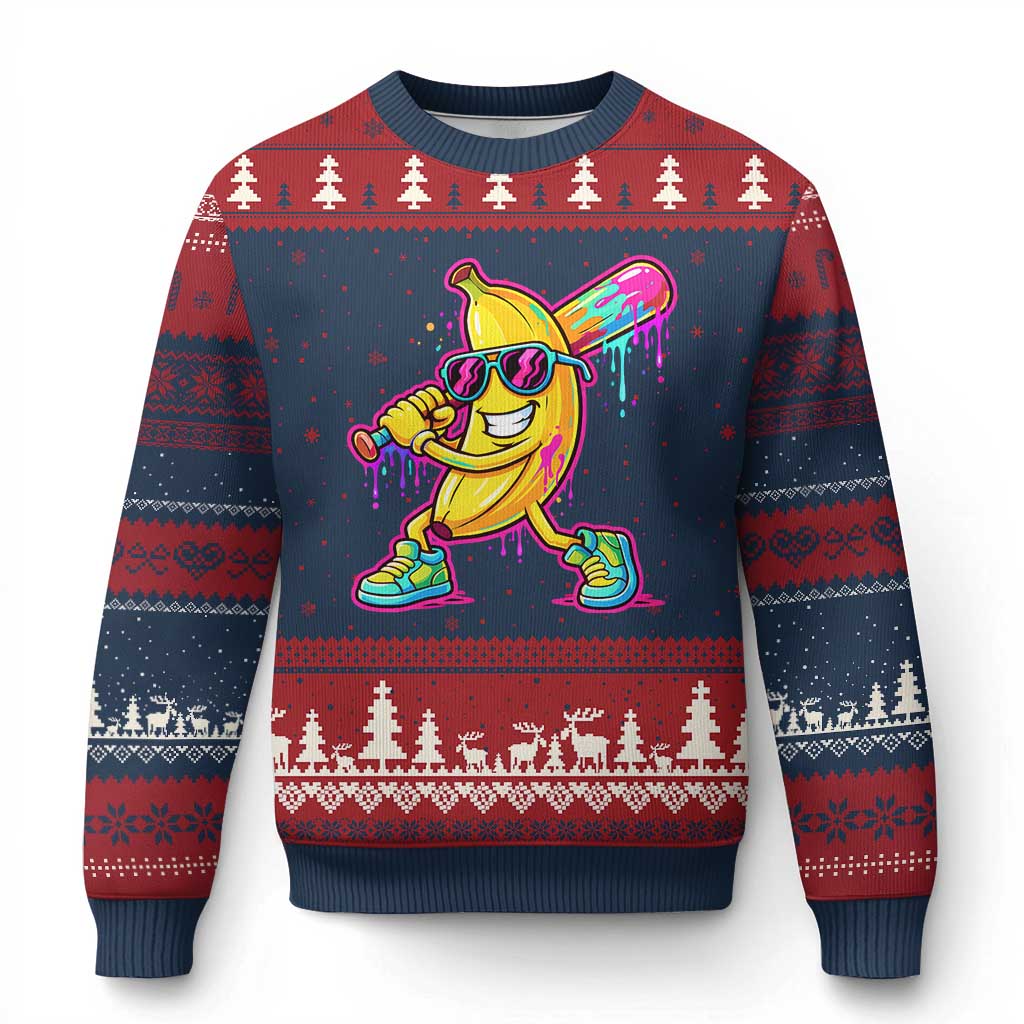 Banana Baseball Drip Ugly Christmas Sweater Funny Baseball Drip Ice Cream Kids Youth Boys