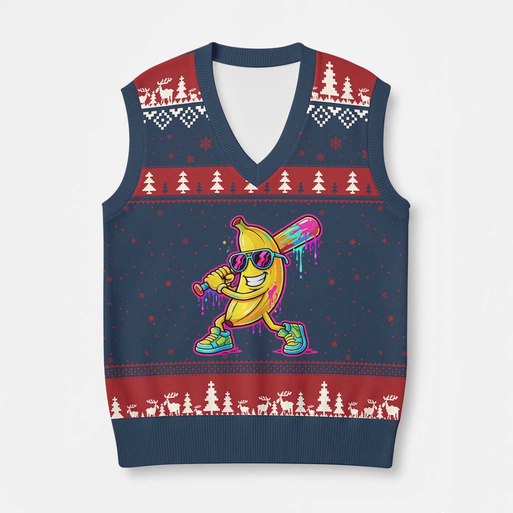 Banana Baseball Drip V-Neck Knit Sweater Vest Funny Baseball Drip Ice Cream Kids Youth Boys