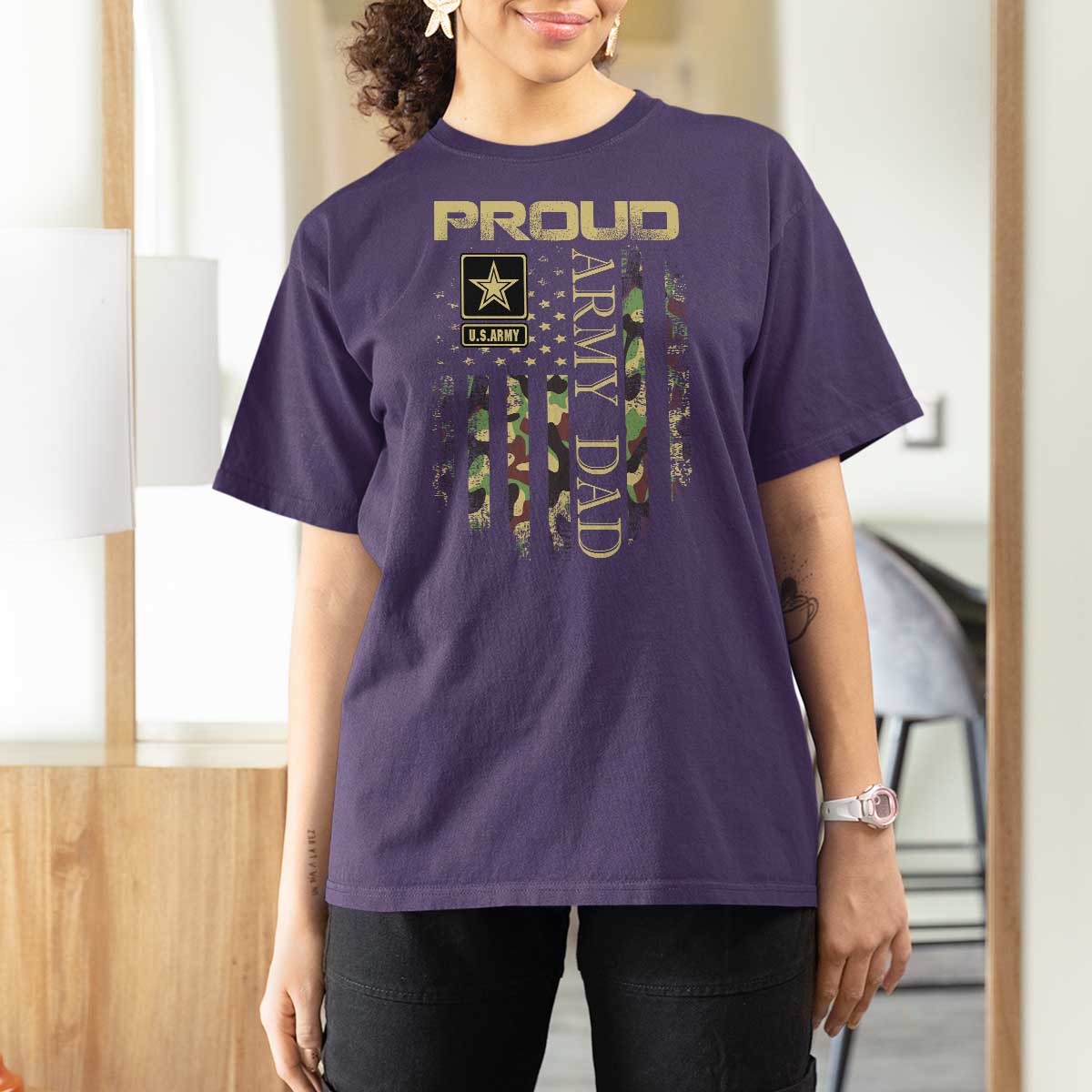 Proud Army Dad T Shirt For Women Military Father US Army Camo Flag