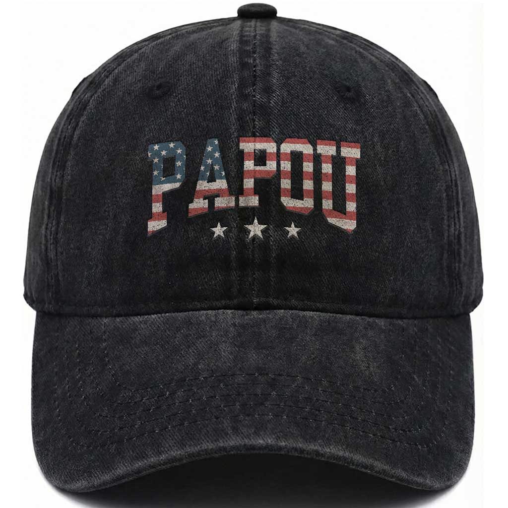 Papou Washed Cotton Baseball Cap New Grandpa Father’s Day USA Flag Patriotic