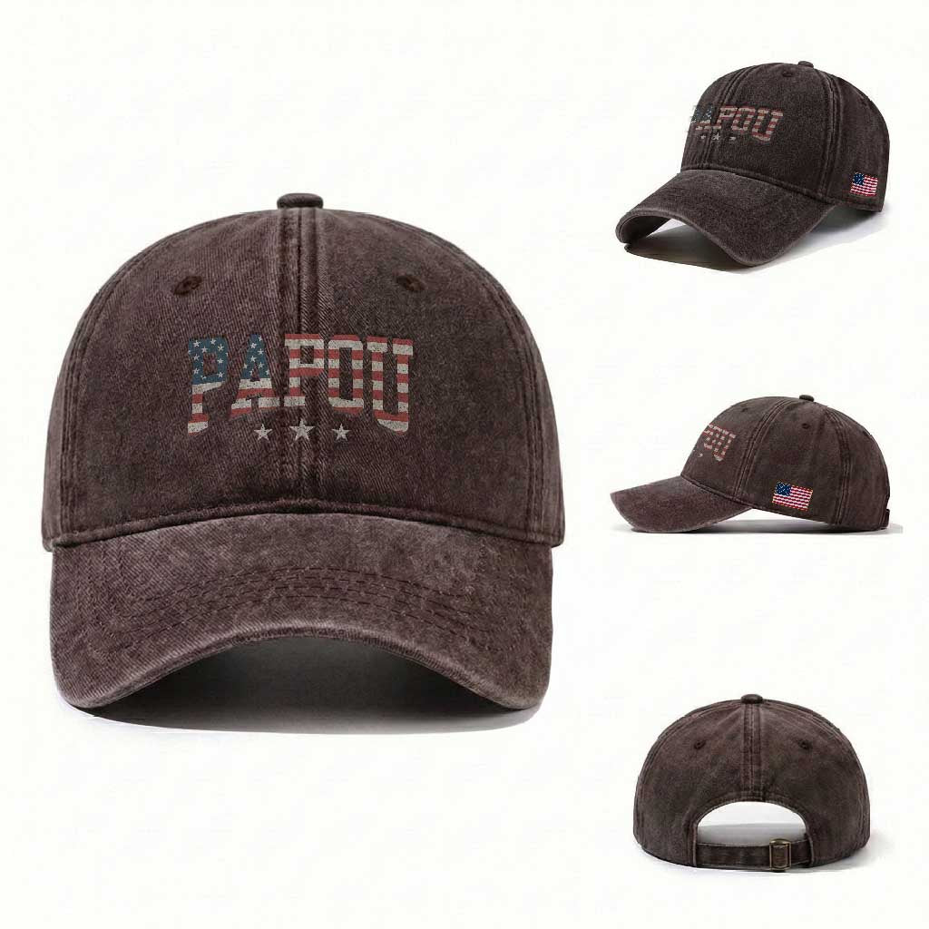 Papou Washed Cotton Baseball Cap New Grandpa Father’s Day USA Flag Patriotic