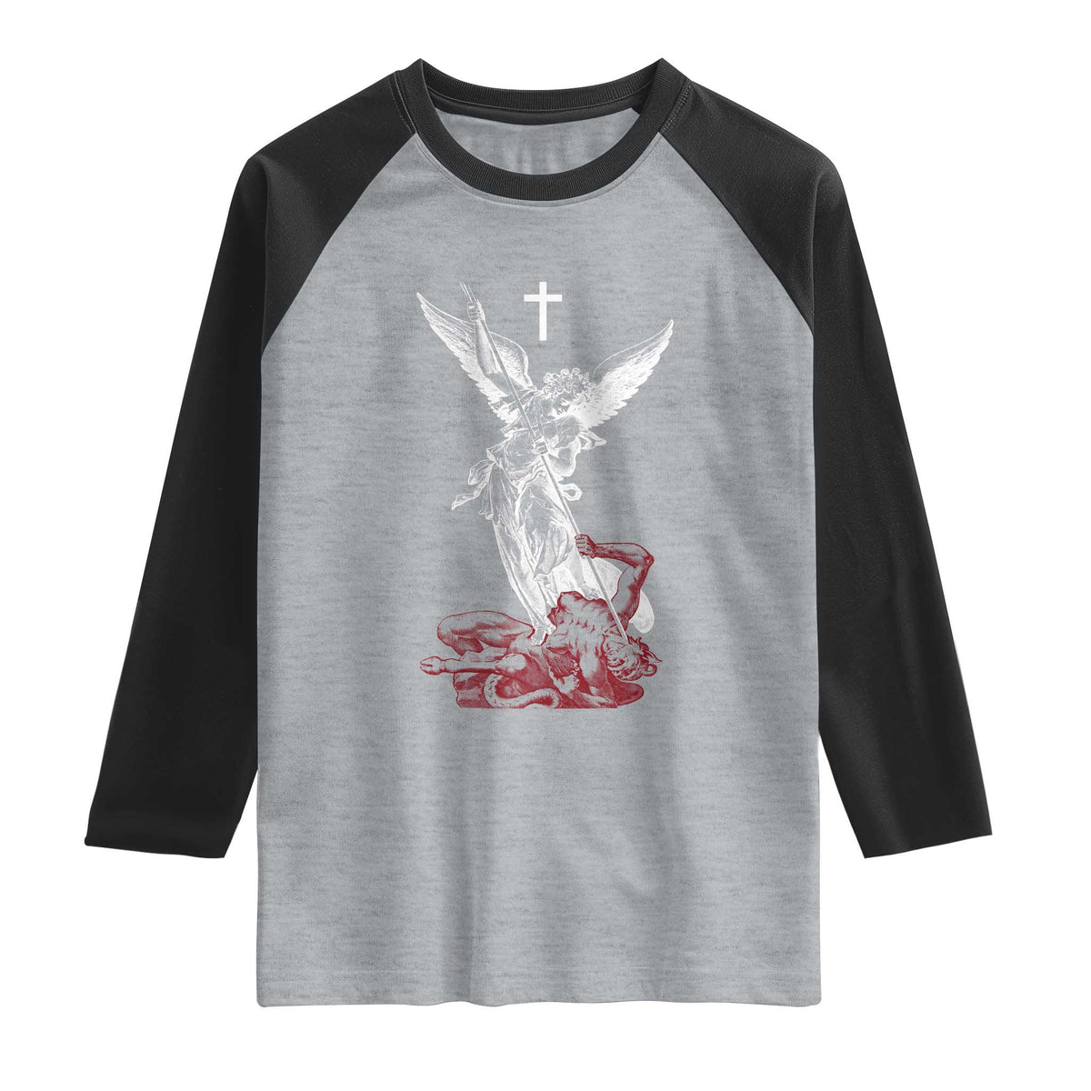 Saint Michael The Archangel Defeating Satan Raglan Shirt