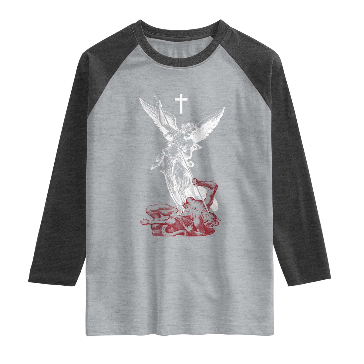 Saint Michael The Archangel Defeating Satan Raglan Shirt