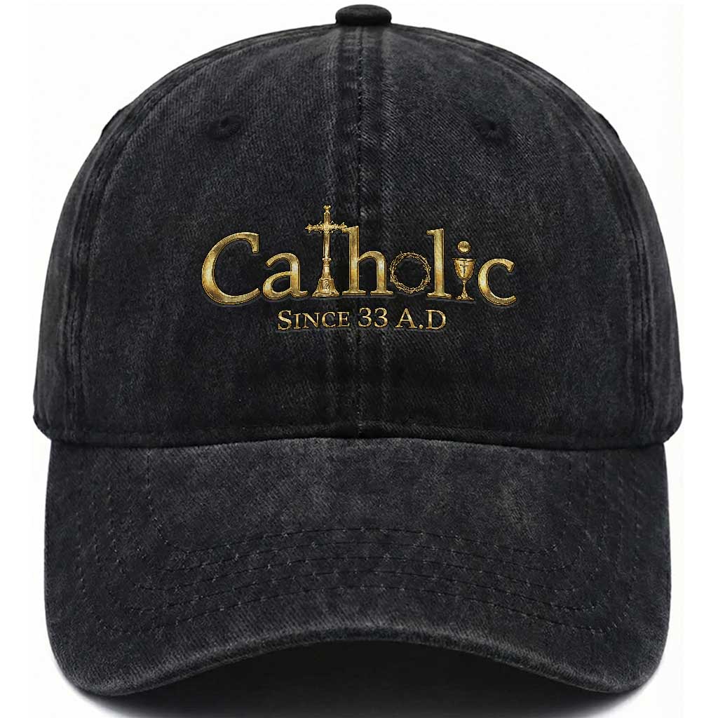 Catholic Since 33 AD Washed Cotton Baseball Cap Christianity Crucifix Jesus Eucharist