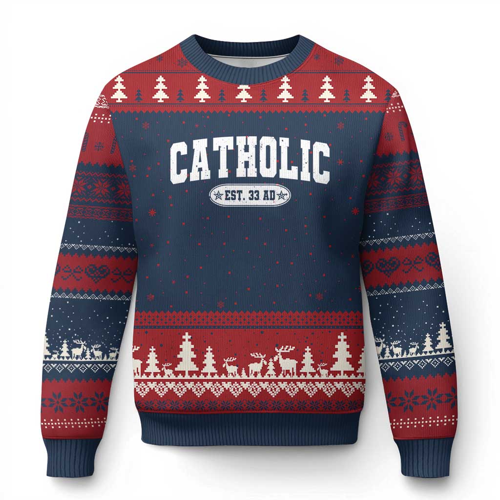 Catholic Since 33 AD Ugly Christmas Sweater Vintage Varsity Crucifix Jesus Eucharist Christianity