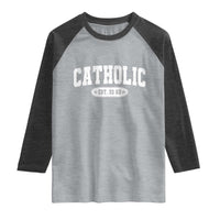 Catholic Since 33 AD Raglan Shirt Vintage Varsity Crucifix Jesus Eucharist Christianity