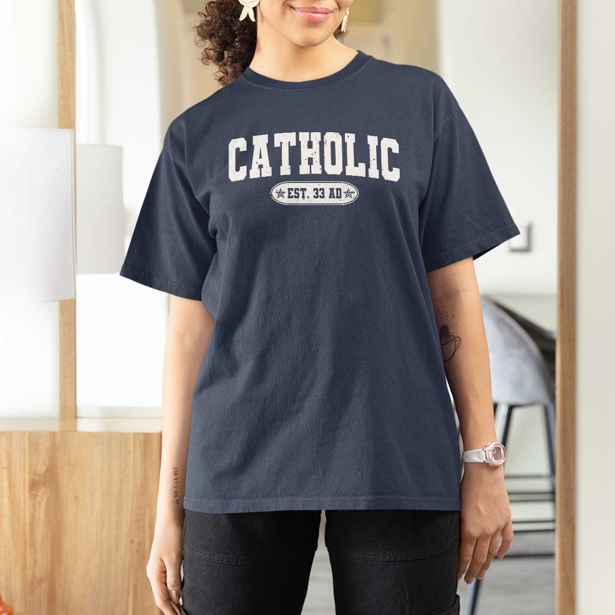 Catholic Since 33 AD T Shirt For Women Vintage Varsity Crucifix Jesus Eucharist Christianity