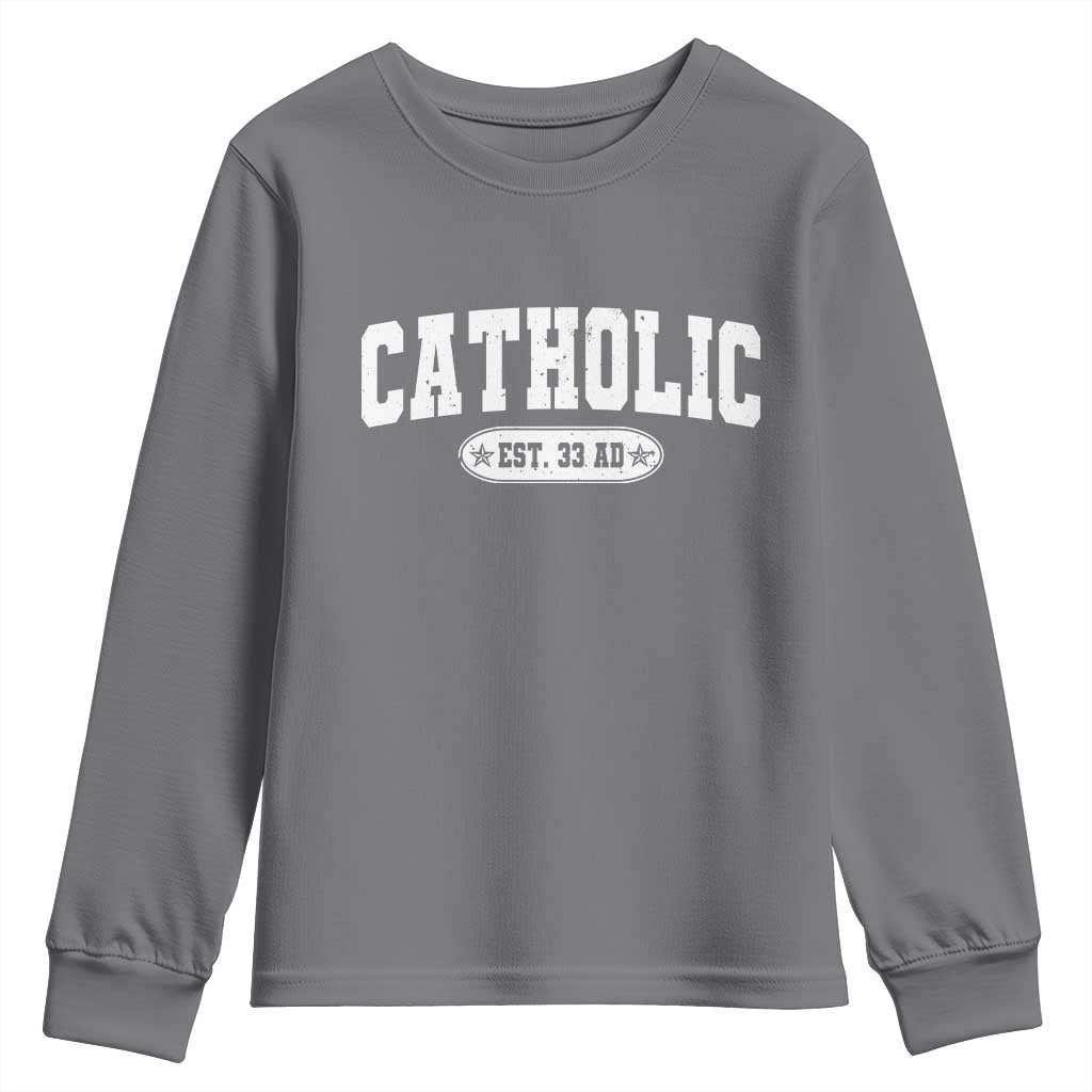 Catholic Since 33 AD Youth Sweatshirt Vintage Varsity Crucifix Jesus Eucharist Christianity