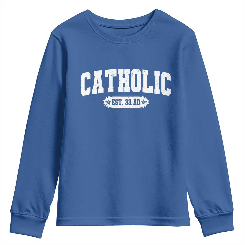 Catholic Since 33 AD Youth Sweatshirt Vintage Varsity Crucifix Jesus Eucharist Christianity