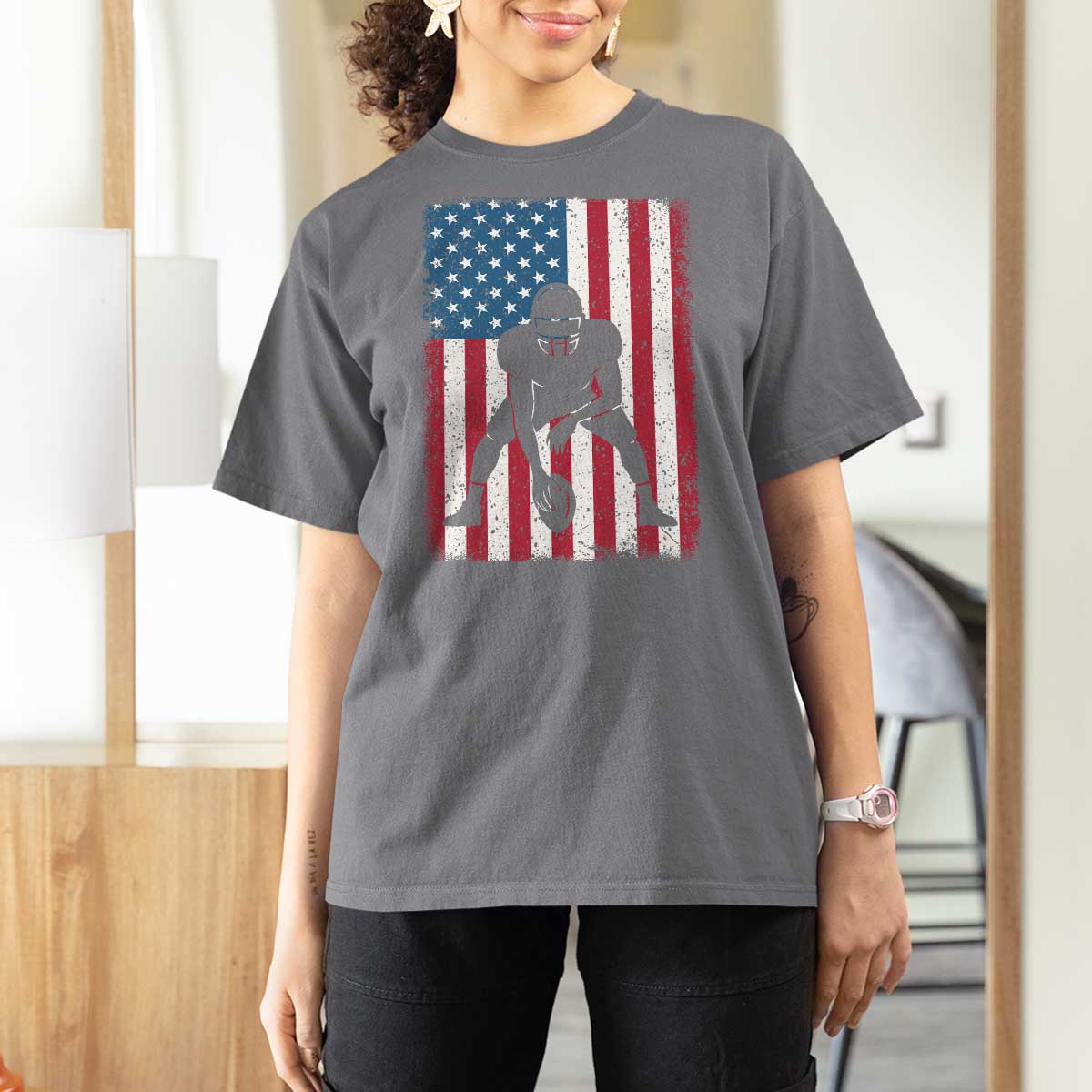 American Flag Football T Shirt For Women Cool Distressed Vintage Patriotic Football Player - Wonder Print Shop
