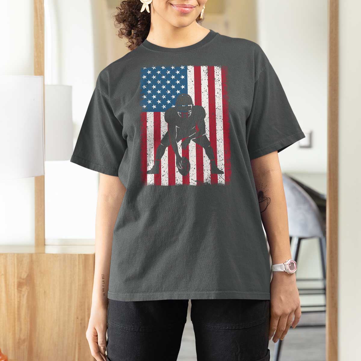 American Flag Football T Shirt For Women Cool Distressed Vintage Patriotic Football Player - Wonder Print Shop