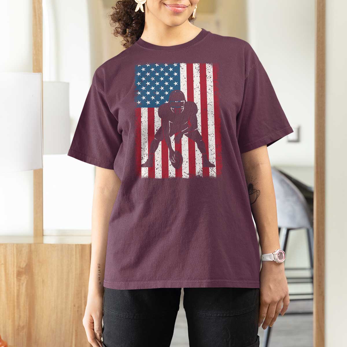 American Flag Football T Shirt For Women Cool Distressed Vintage Patriotic Football Player - Wonder Print Shop