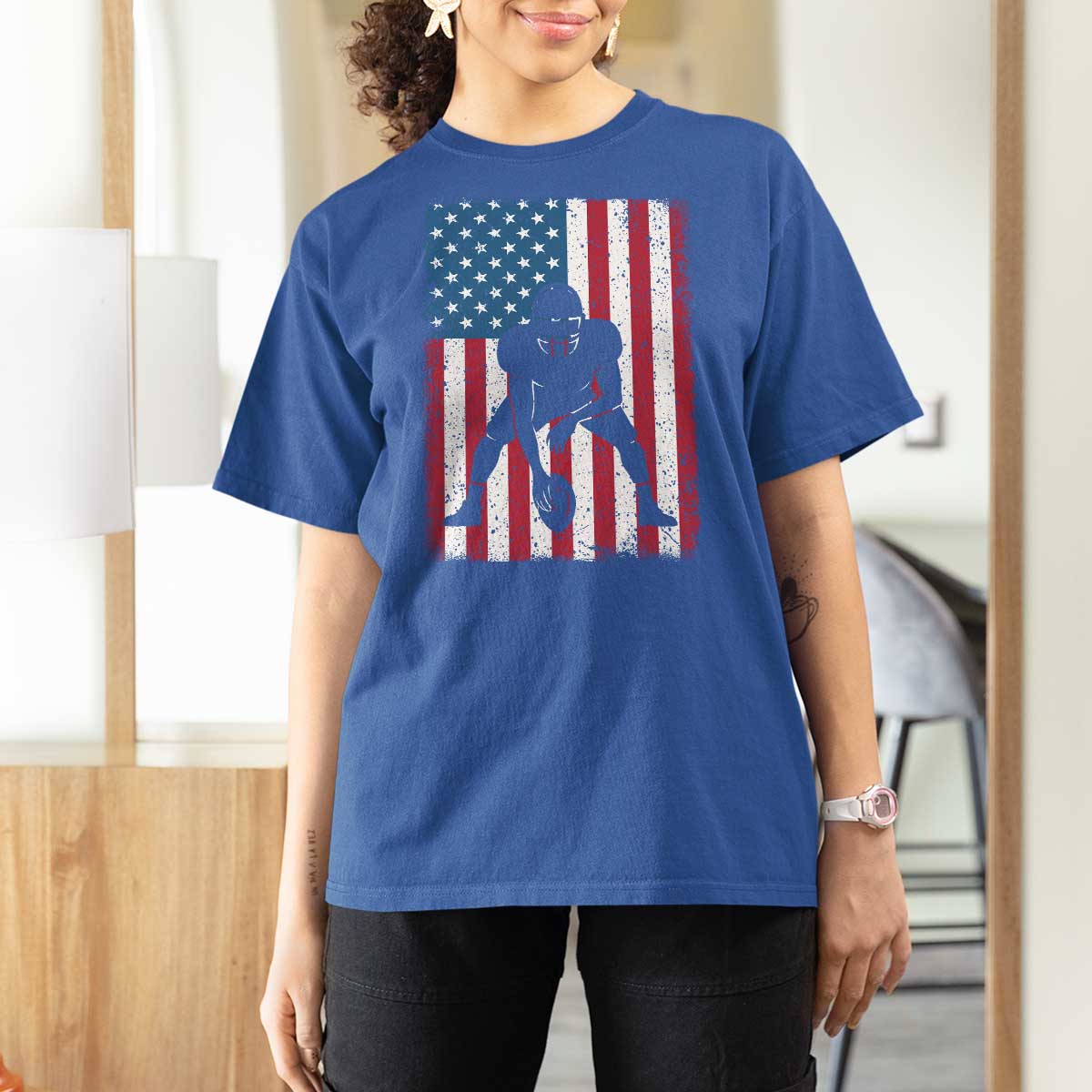 American Flag Football T Shirt For Women Cool Distressed Vintage Patriotic Football Player - Wonder Print Shop