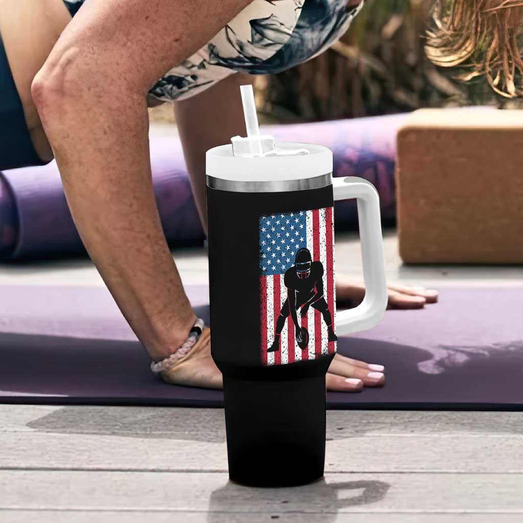 American Flag Football Tumbler With Handle Cool Distressed Vintage Patriotic Football Player - Wonder Print Shop