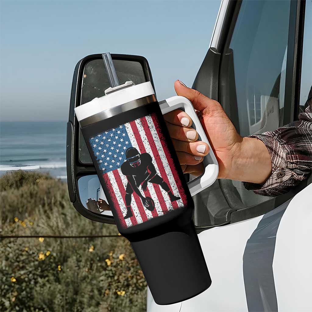 American Flag Football Tumbler With Handle Cool Distressed Vintage Patriotic Football Player - Wonder Print Shop