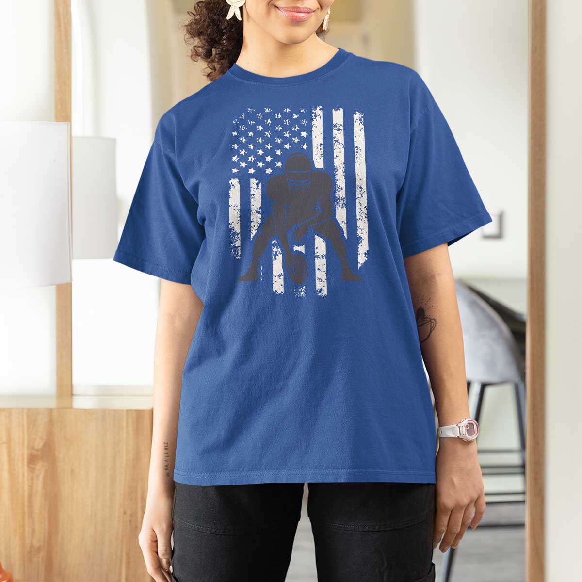 Football Player American Flag T Shirt For Women Cool Distressed Vintage Patriotic - Wonder Print Shop